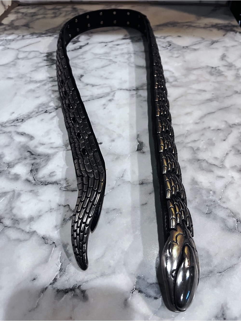 Vintage 1980s Bijoux Medici Articulated Metal Link Snake Belt Black Leather - Picture 8 of 9
